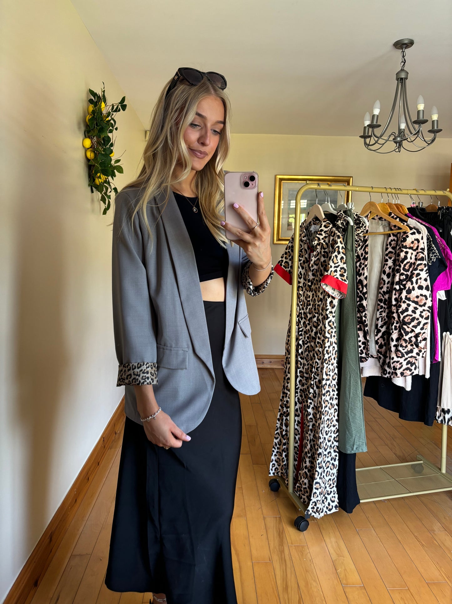 Grey blazer with leopard print detail