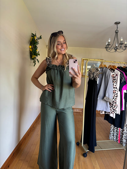 Khaki green co ord with leopard print detail